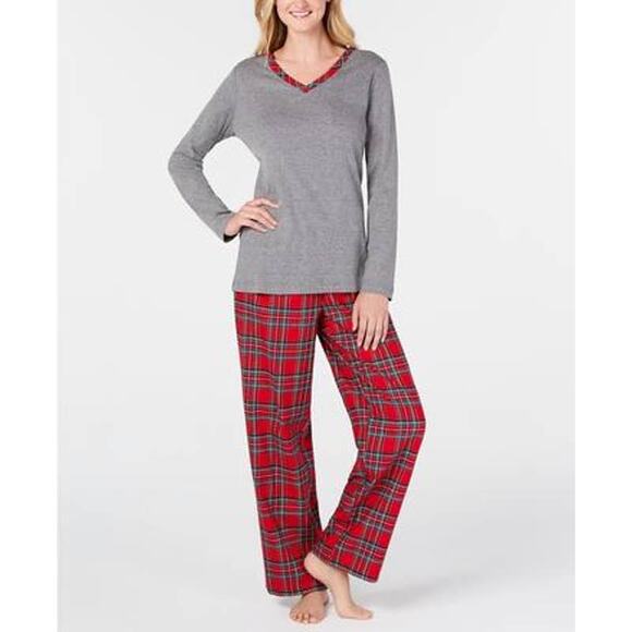 Charter Club Brinkley Red Gray Plaid Flannel Pajama Set L - Picture 1 of 4